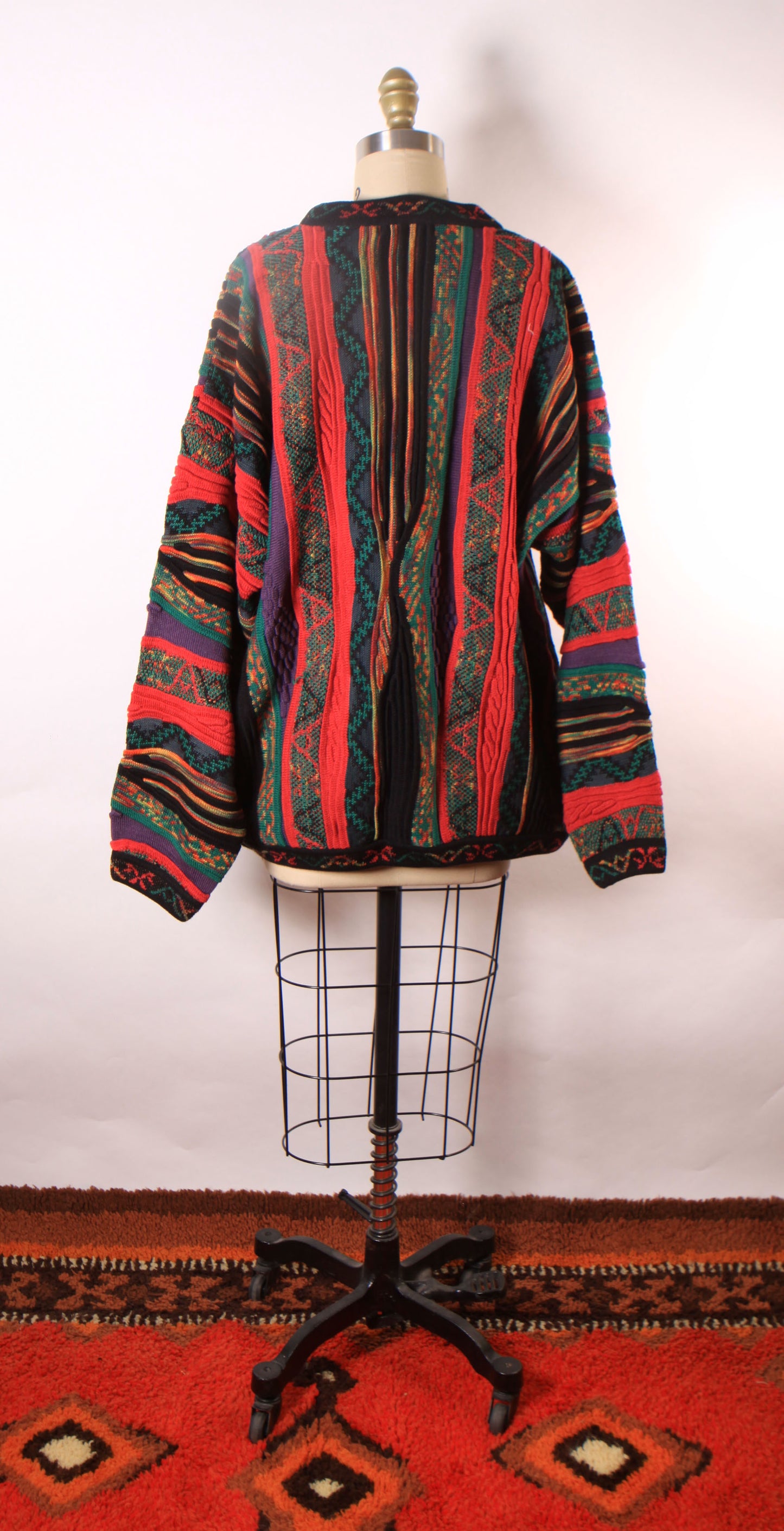 1980s Multi-Colored Pink and Black Long Sleeve Abstract Coogi Style Pullover Sweater by Norm Thompson Tundra -XL