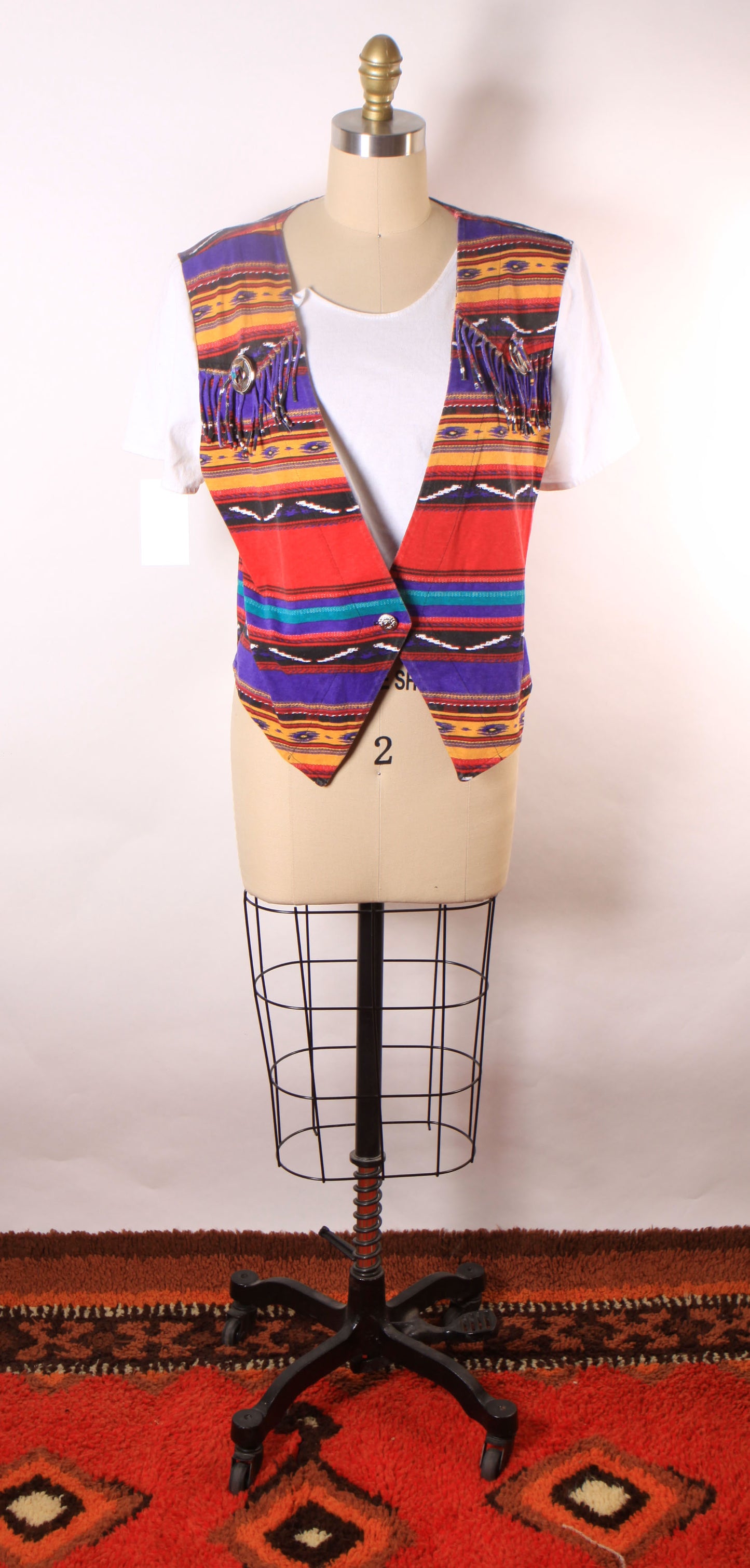 1980s Red, Purple, Yellow and Blue Southwestern Faux Vest Western Fringe Blouse by Ozark Mountain Company -M