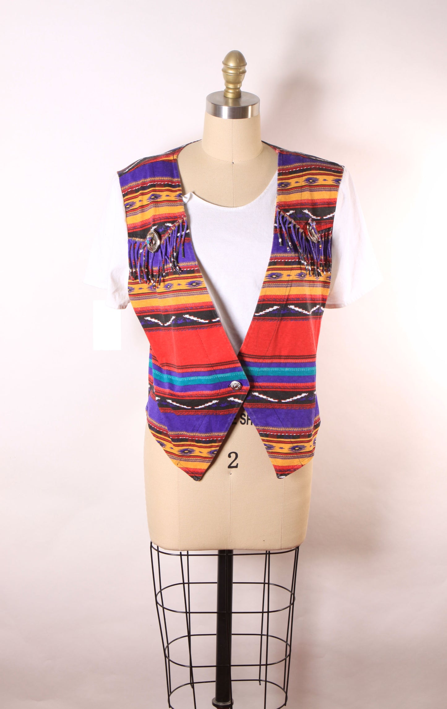 1980s Red, Purple, Yellow and Blue Southwestern Faux Vest Western Fringe Blouse by Ozark Mountain Company -M