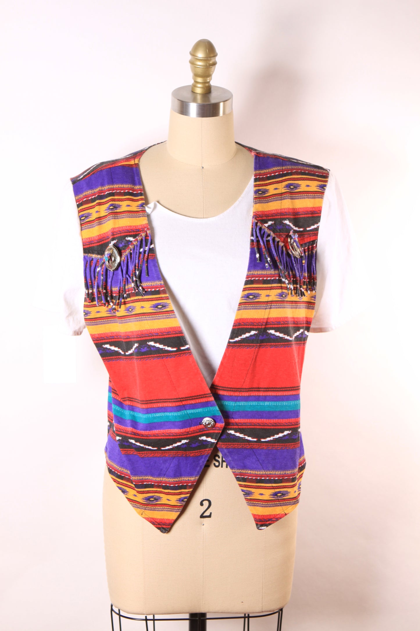 1980s Red, Purple, Yellow and Blue Southwestern Faux Vest Western Fringe Blouse by Ozark Mountain Company -M