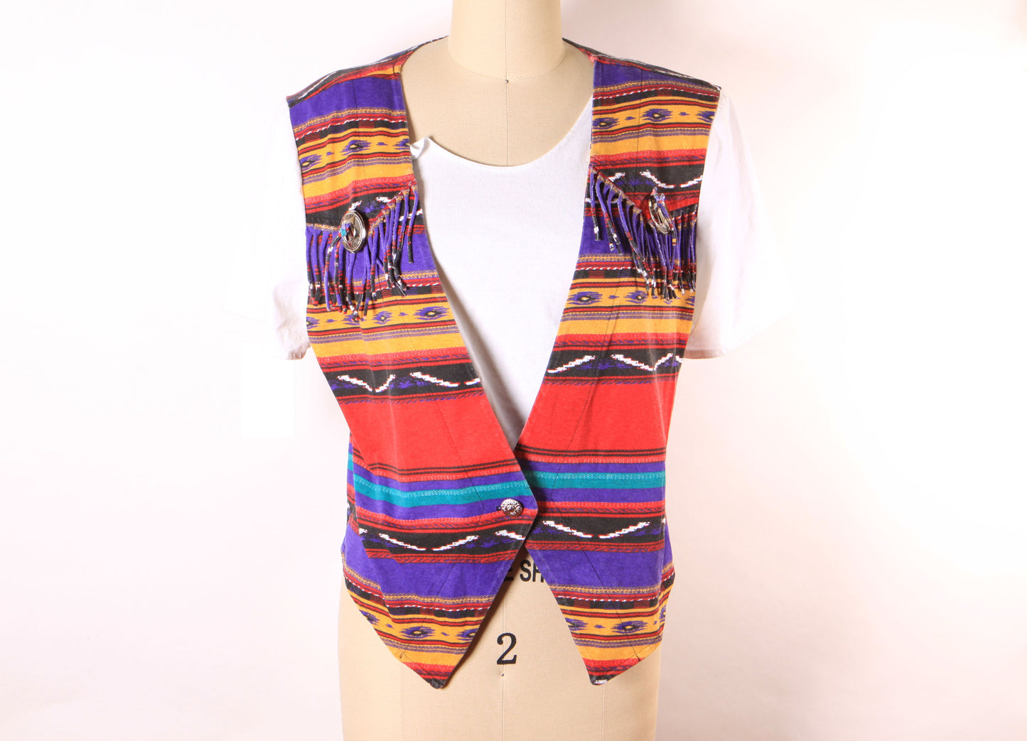 1980s Red, Purple, Yellow and Blue Southwestern Faux Vest Western Fringe Blouse by Ozark Mountain Company -M