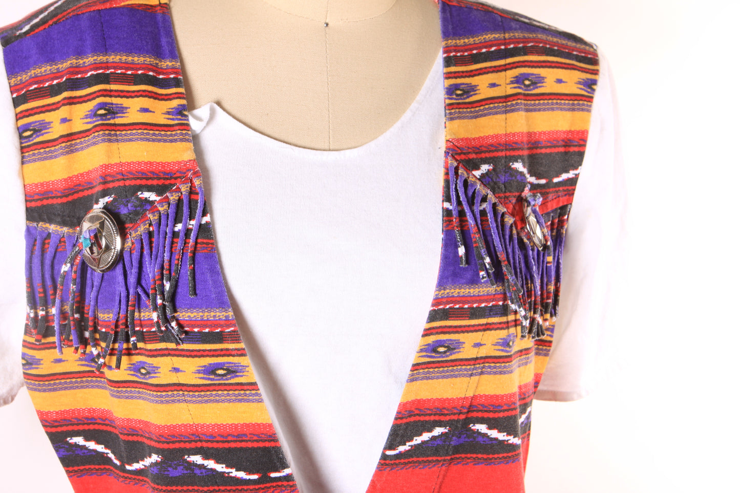 1980s Red, Purple, Yellow and Blue Southwestern Faux Vest Western Fringe Blouse by Ozark Mountain Company -M