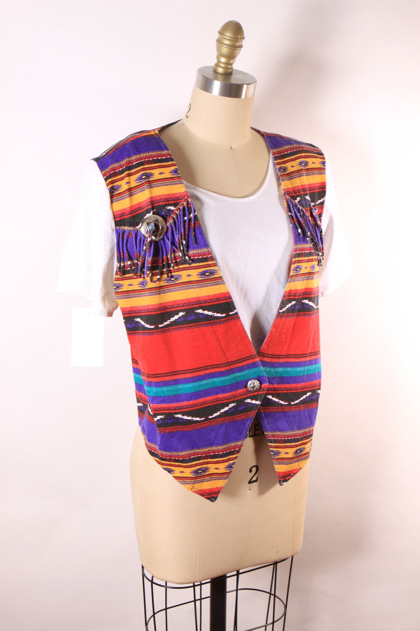 1980s Red, Purple, Yellow and Blue Southwestern Faux Vest Western Fringe Blouse by Ozark Mountain Company -M