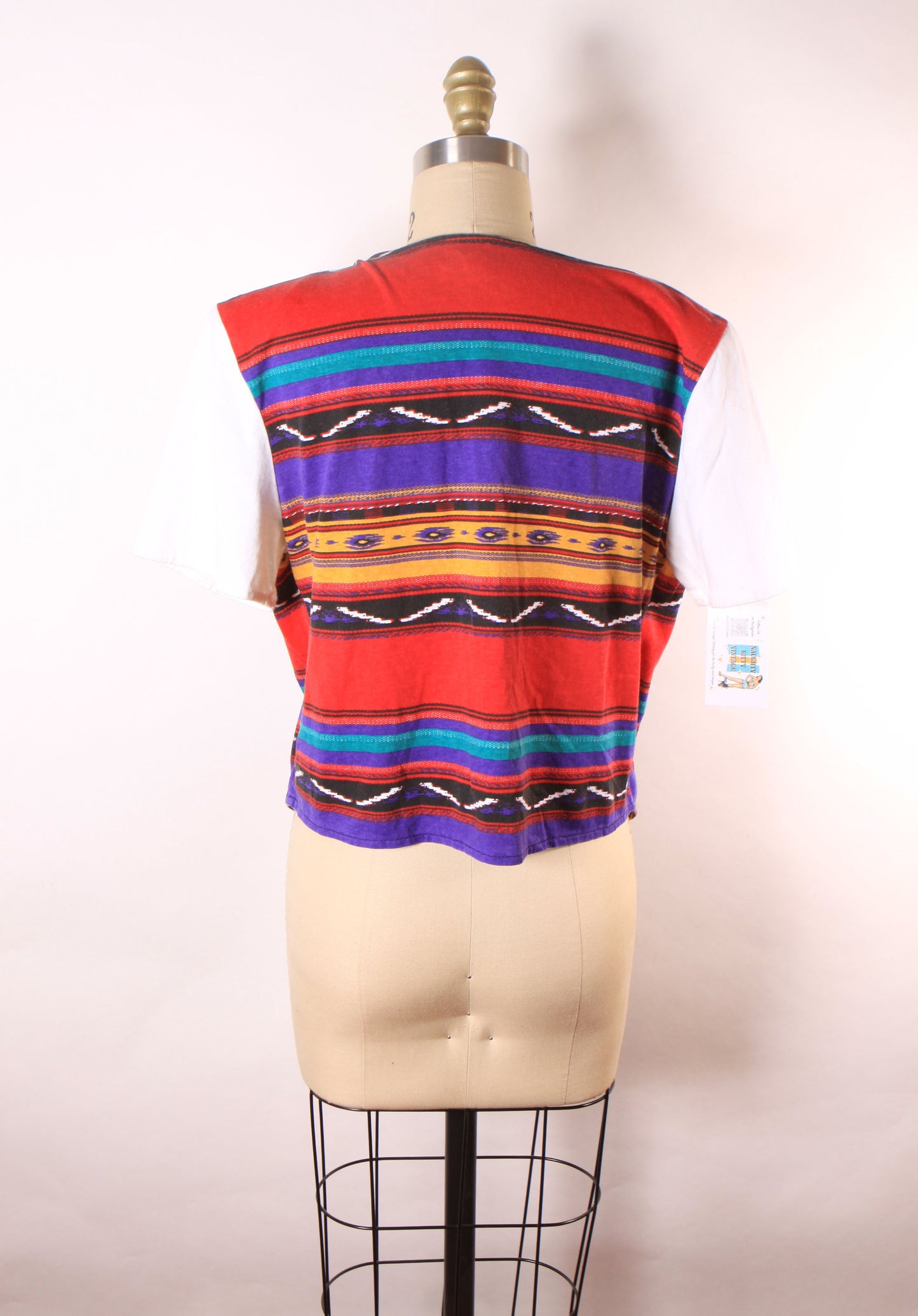 1980s Red, Purple, Yellow and Blue Southwestern Faux Vest Western Fringe Blouse by Ozark Mountain Company -M