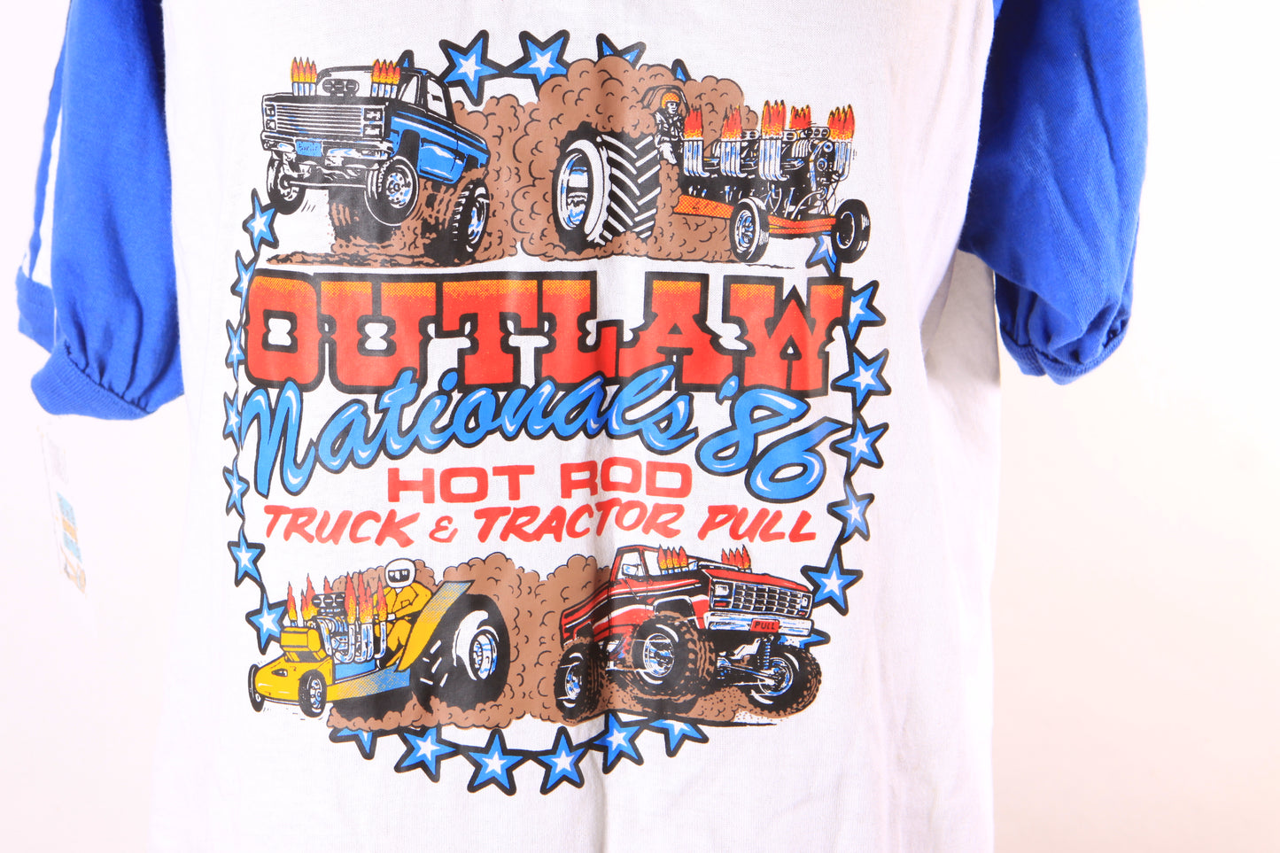 Deadstock 1980s 1986 Blue and White Novelty Graphic Tee Hot Rod Truck and Tractor Pull Outlaw T-Shirt by Alore