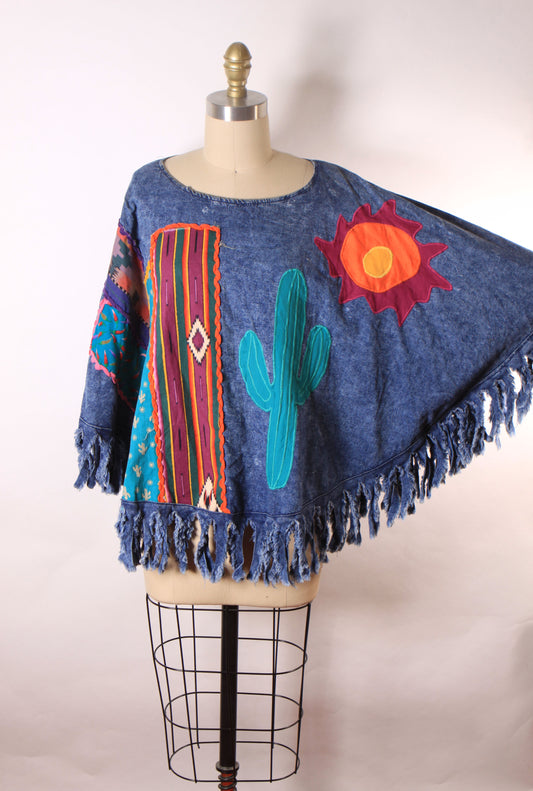 1980s Denim Fringe Novelty Cactus and Sun Southwestern Abstract Western Poncho