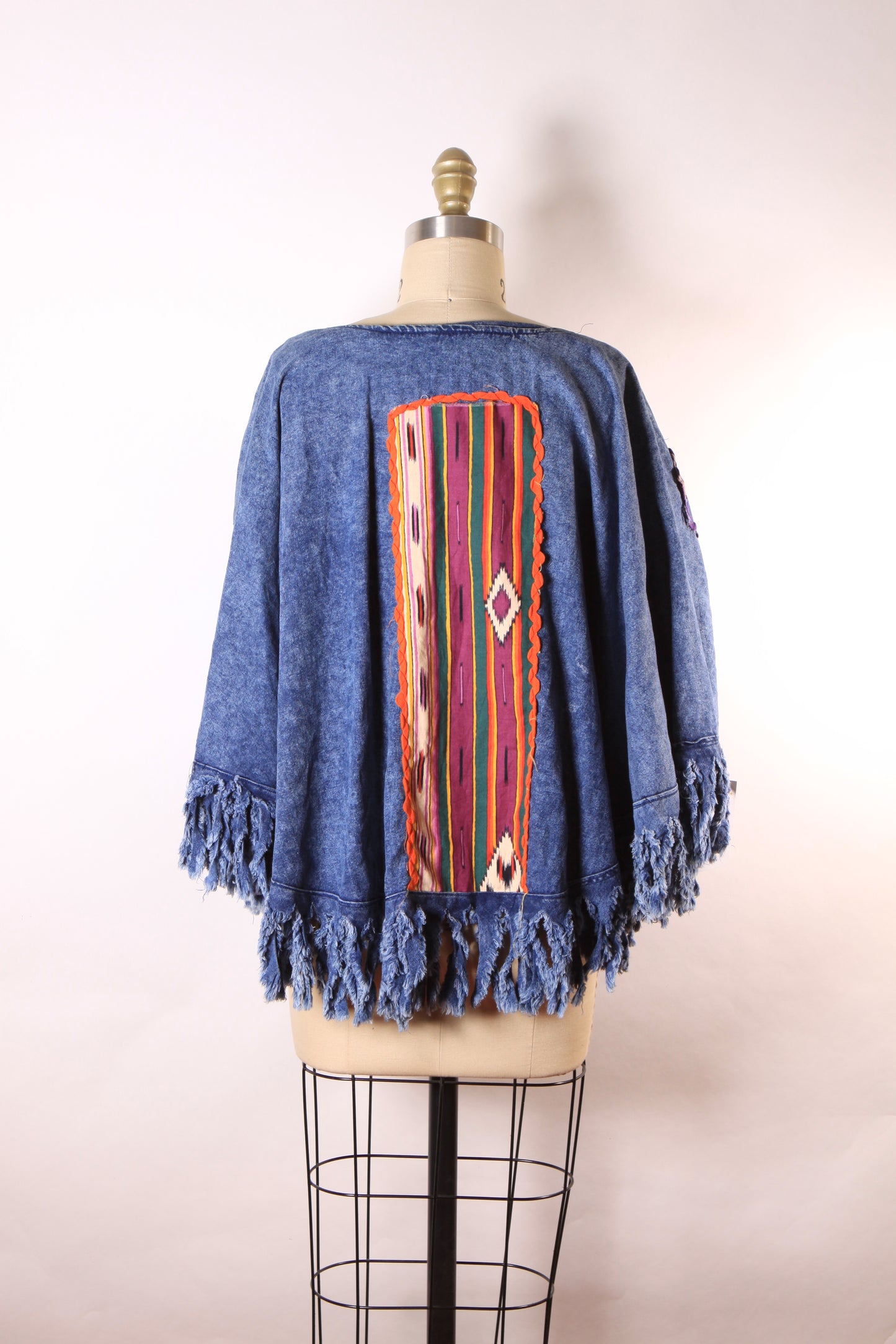 1980s Denim Fringe Novelty Cactus and Sun Southwestern Abstract Western Poncho