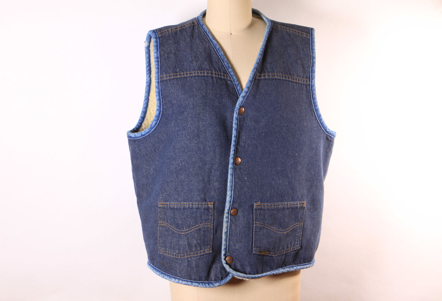 1970s 1970s Denim Metal Snap Faux Sherpa Lined Western Men’s Vest by Sears Roebucks -L