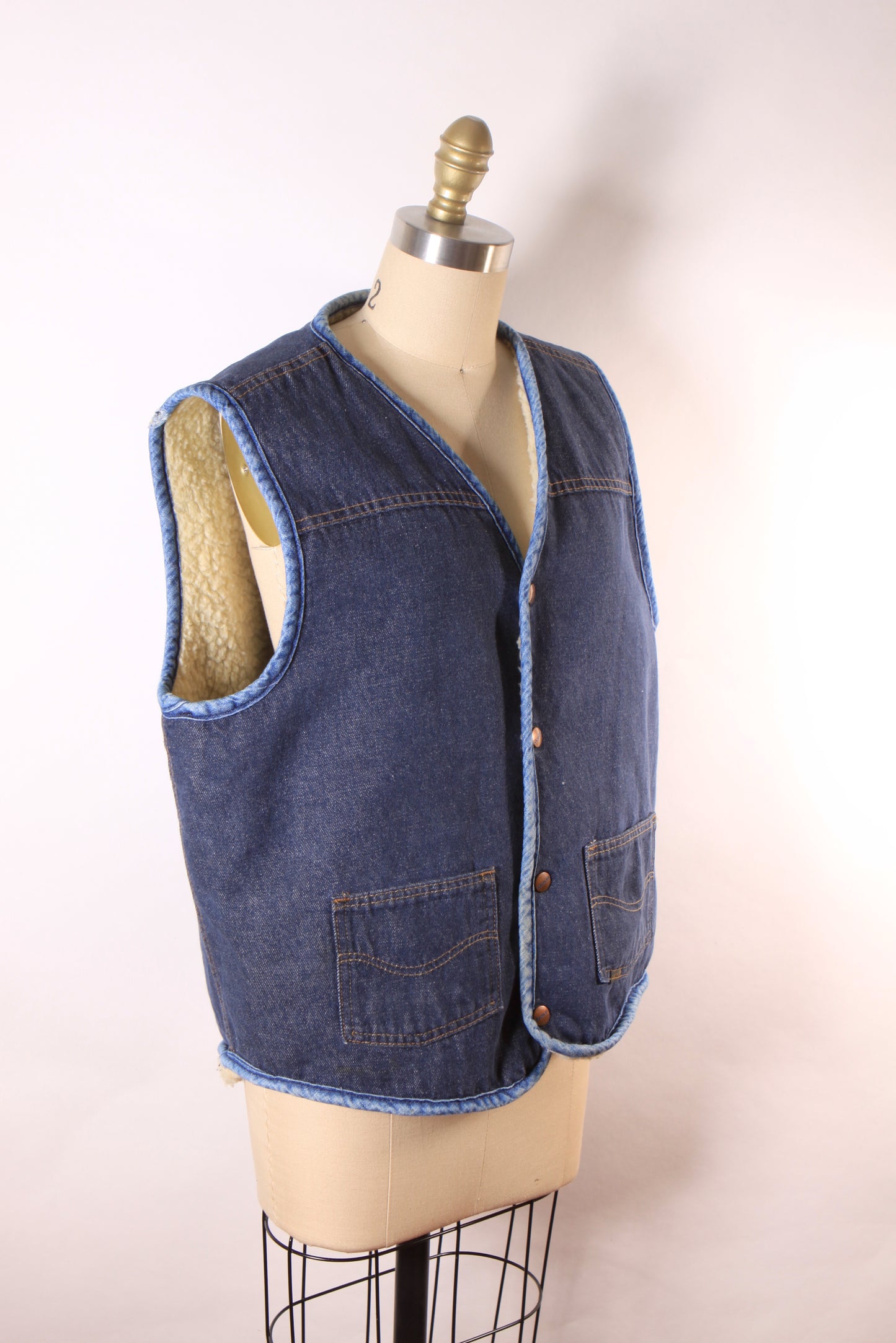 1970s 1970s Denim Metal Snap Faux Sherpa Lined Western Men’s Vest by Sears Roebucks -L