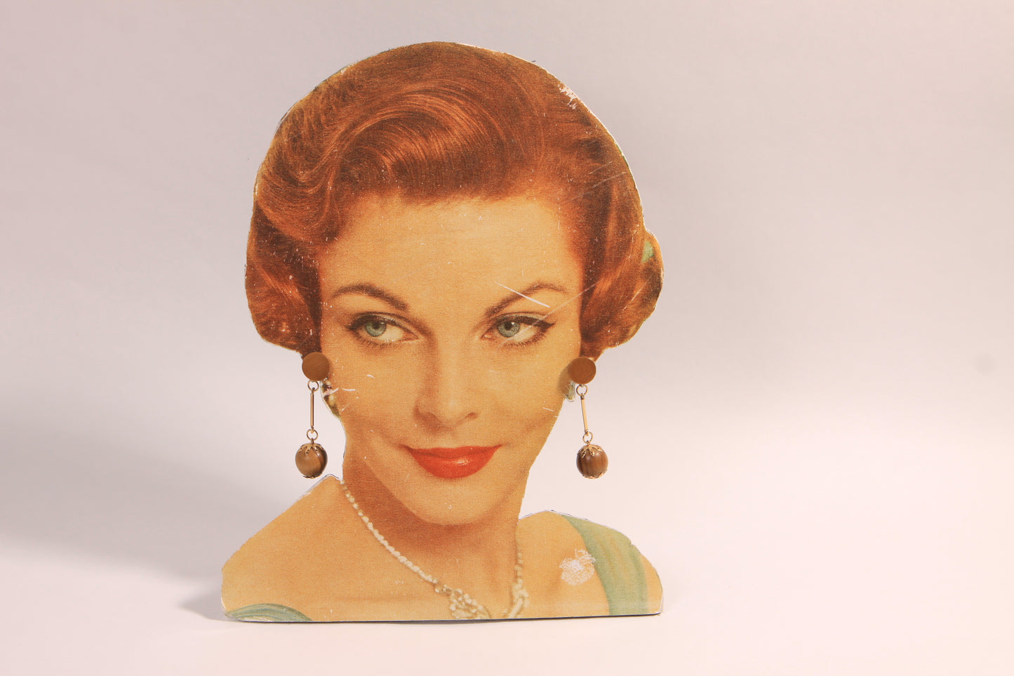 1970s Brass Tone and Wood Dangling Clip On Earrings
