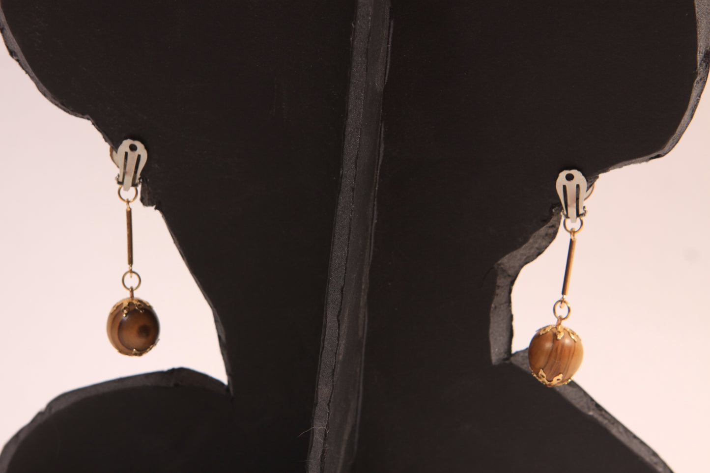 1970s Brass Tone and Wood Dangling Clip On Earrings