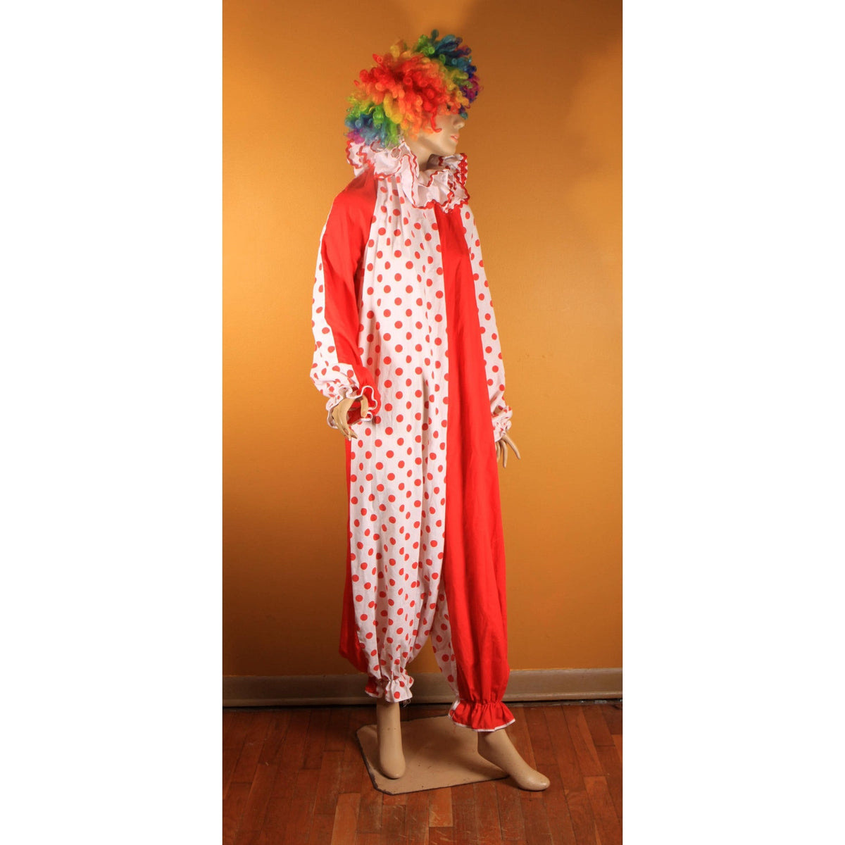 1960s 1970s Red and White Polka Dot Ruffle Collar One Piece Clown Costume