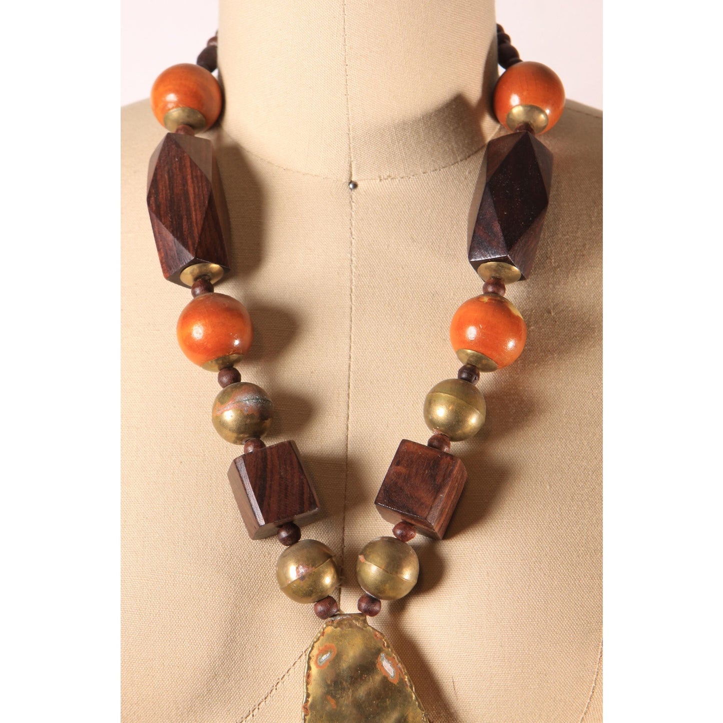Late 1970s Wood andCopper Brass Abstract Boho Chunky Oversized Pendant Necklace