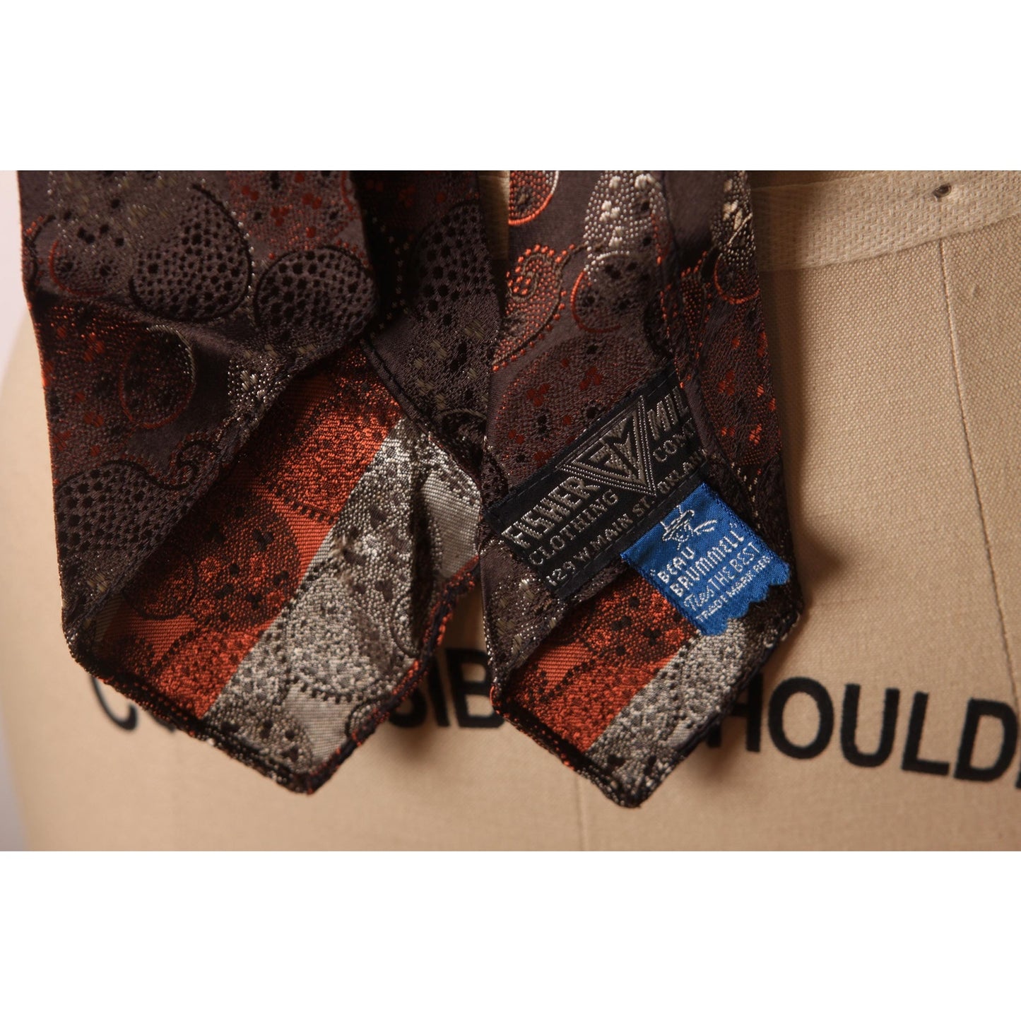 1960s Brown, Orange and White Paisley Circle Mod Print Necktie Tie by Fisher Miller Beau Brummell