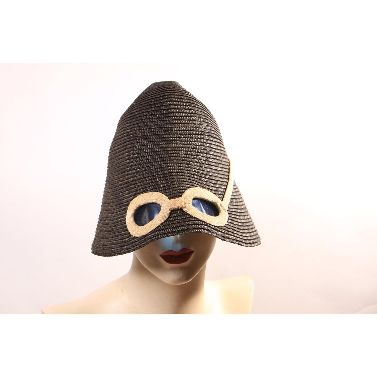 1950s Navy Blue and Cream Blue Lens Novelty Sunglasses Straw Bucket Sun Hat