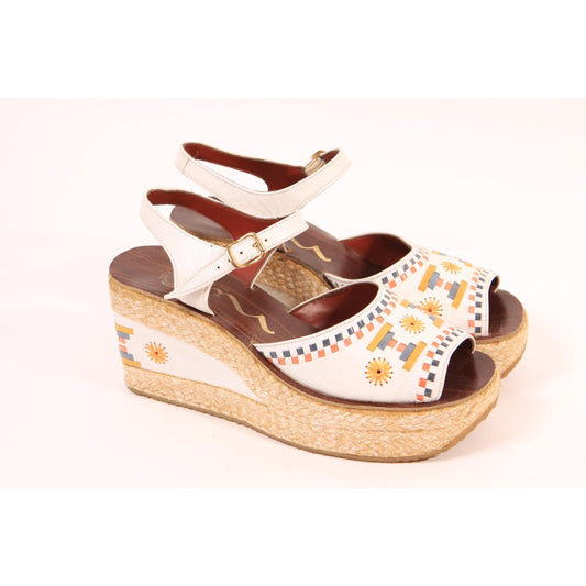 1970s White, Blue, Tan and Yellow Boho Platform High Heel Sandals Shoes by Nina-Size 7 1/2M