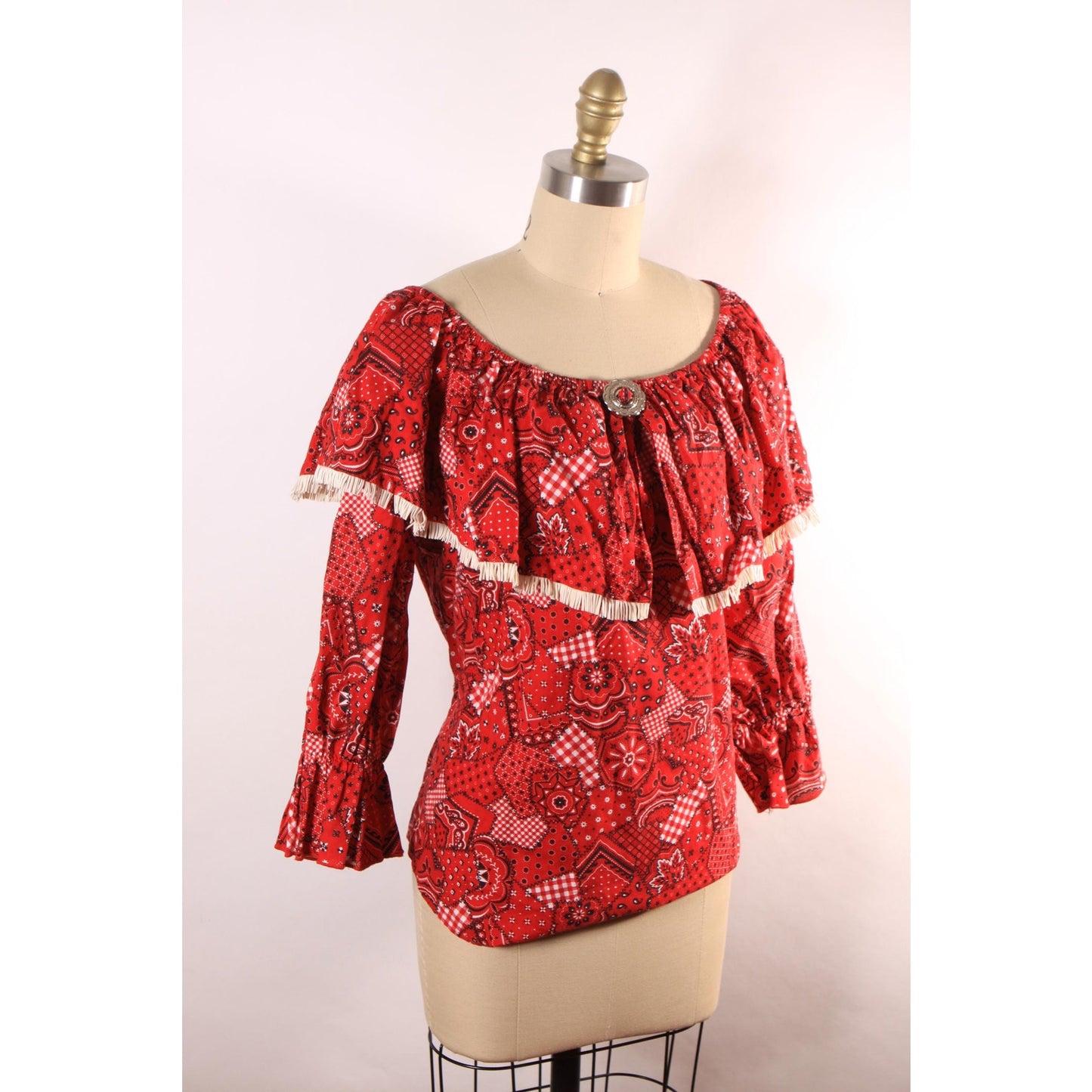 1980s Red, Black and White Novelty Bandana Print Fringe Trim Western Cowgirl Off the Shoulder Blouse Top -M