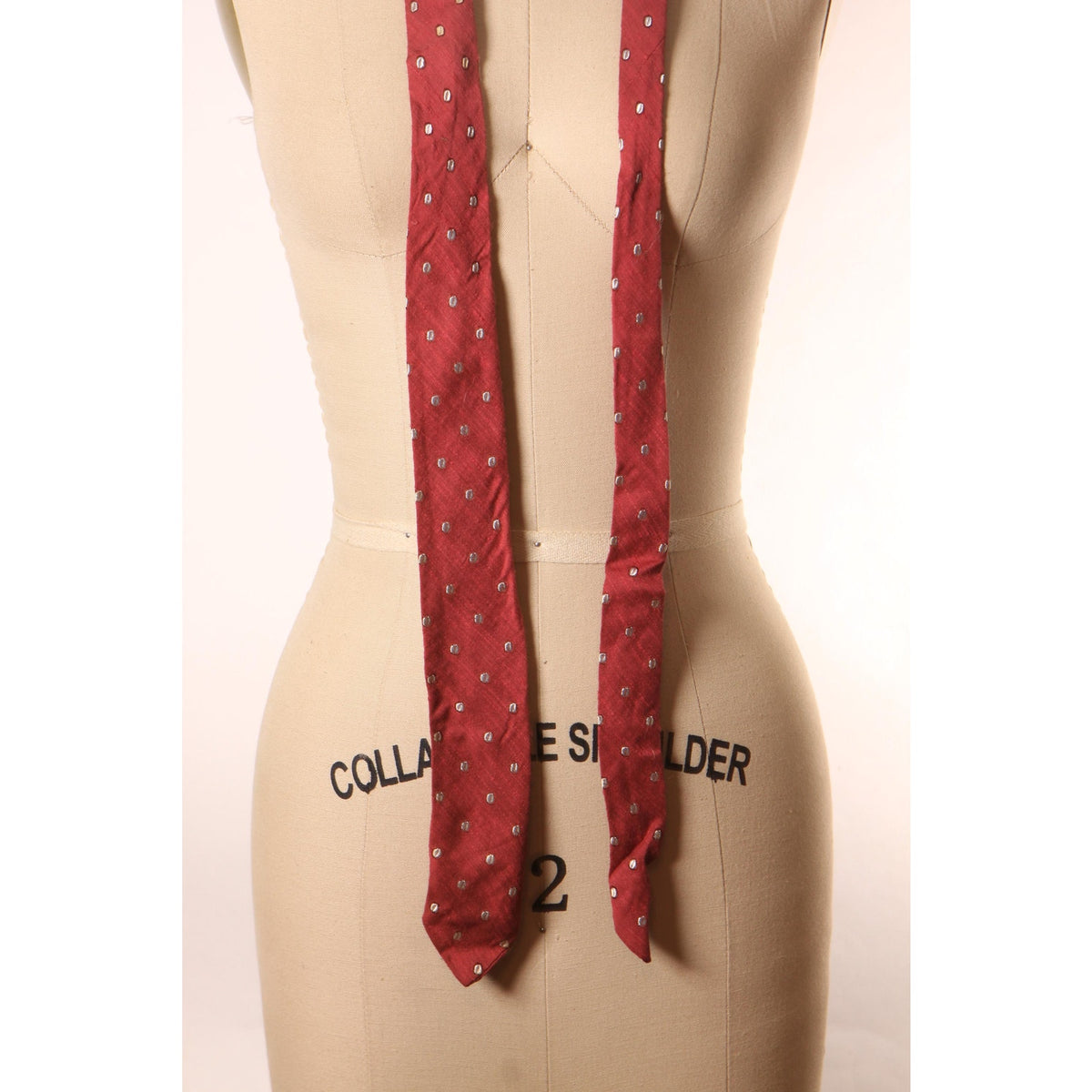 1950s Dark Red and White Coffee Bean Shape Polka Dot Print Skinny Necktie Tie by Beau Brummell