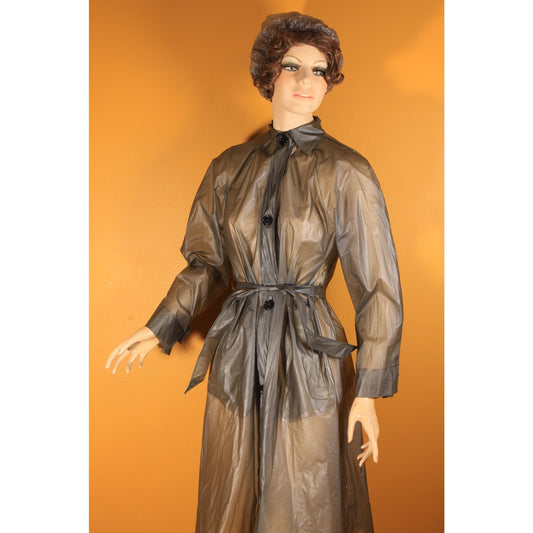 1950s 1960s See Through Gray Button Down Belted Raincoat with Matching Rain Bonnet by Aqua Sheen by Exylin -S