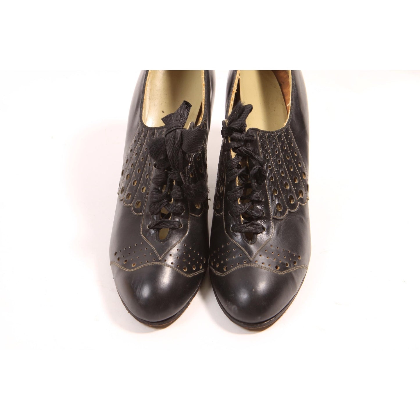 1930s Art Deco Black Lace Up Gothic Pointed Toe Pumps High Heels