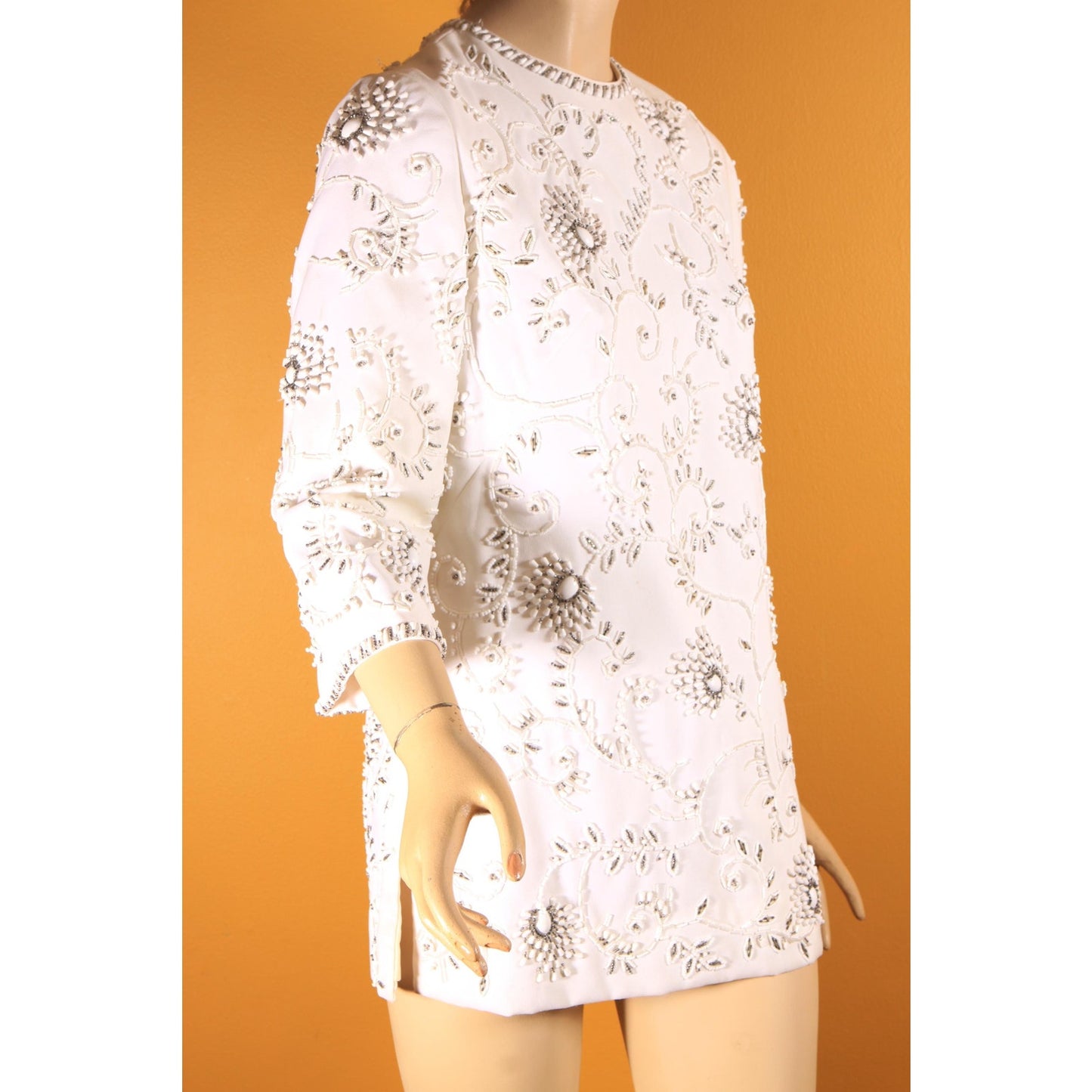 1960s White Heavily Beaded Floral Swirl 3/4 Length Sleeve Tunic Mini Dress by Cavanagh's Virgin Islands