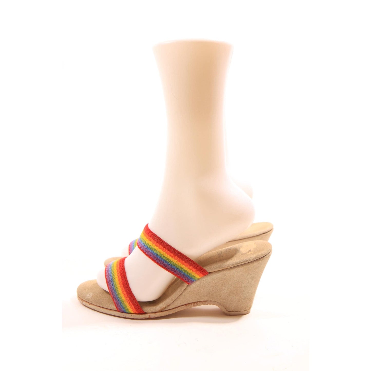 1970s 1980s Rainbow Strap Wedge High Heel Sandals by Kinney Shoes - Size 9