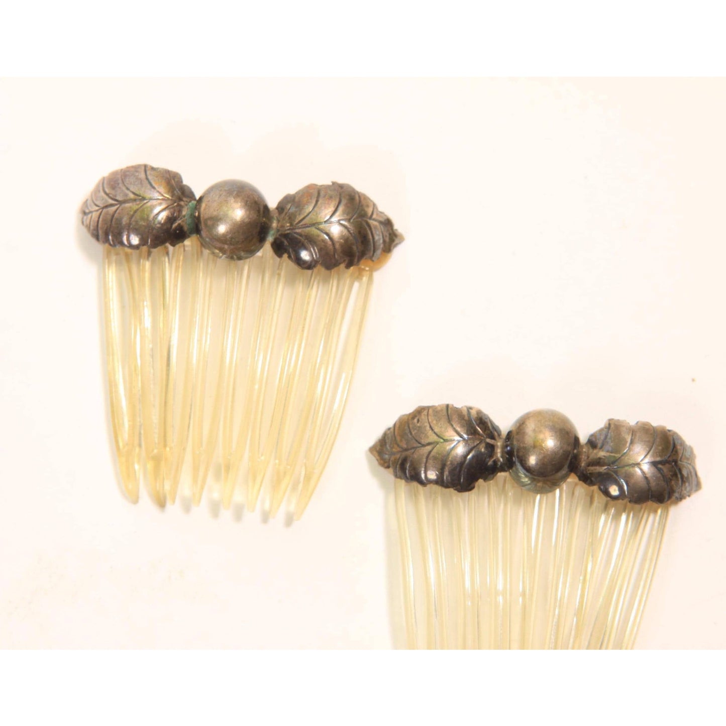 1920s 1930s Silver Leaf Metal and Plastic Set of 2 Hair Combs