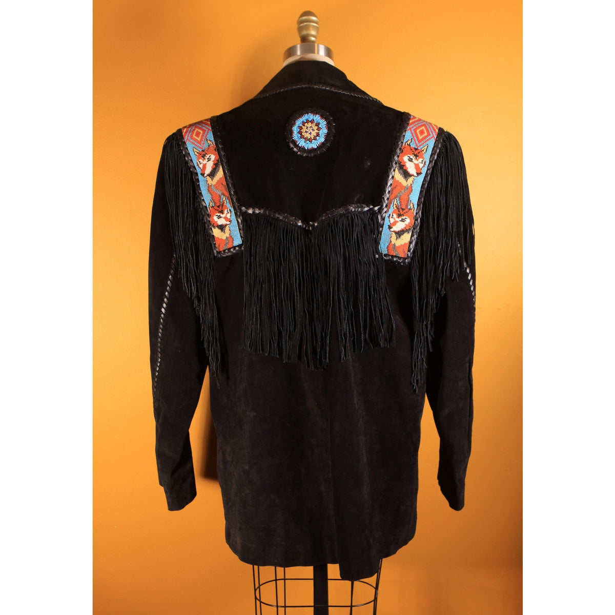 1980s Black Suede Leather Star Embellishments Novelty Beaded Wolf Fox Blue and Red Fringe Mens Western Coat by Diamond Leathers