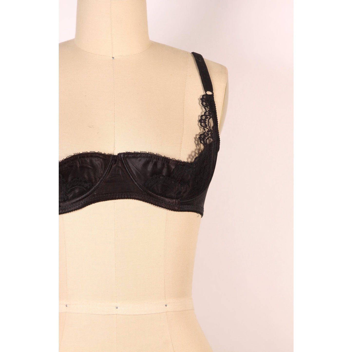 1970s Black Open Cup Lace Trim Shelf Bra by Fredericks of Hollywood-36C