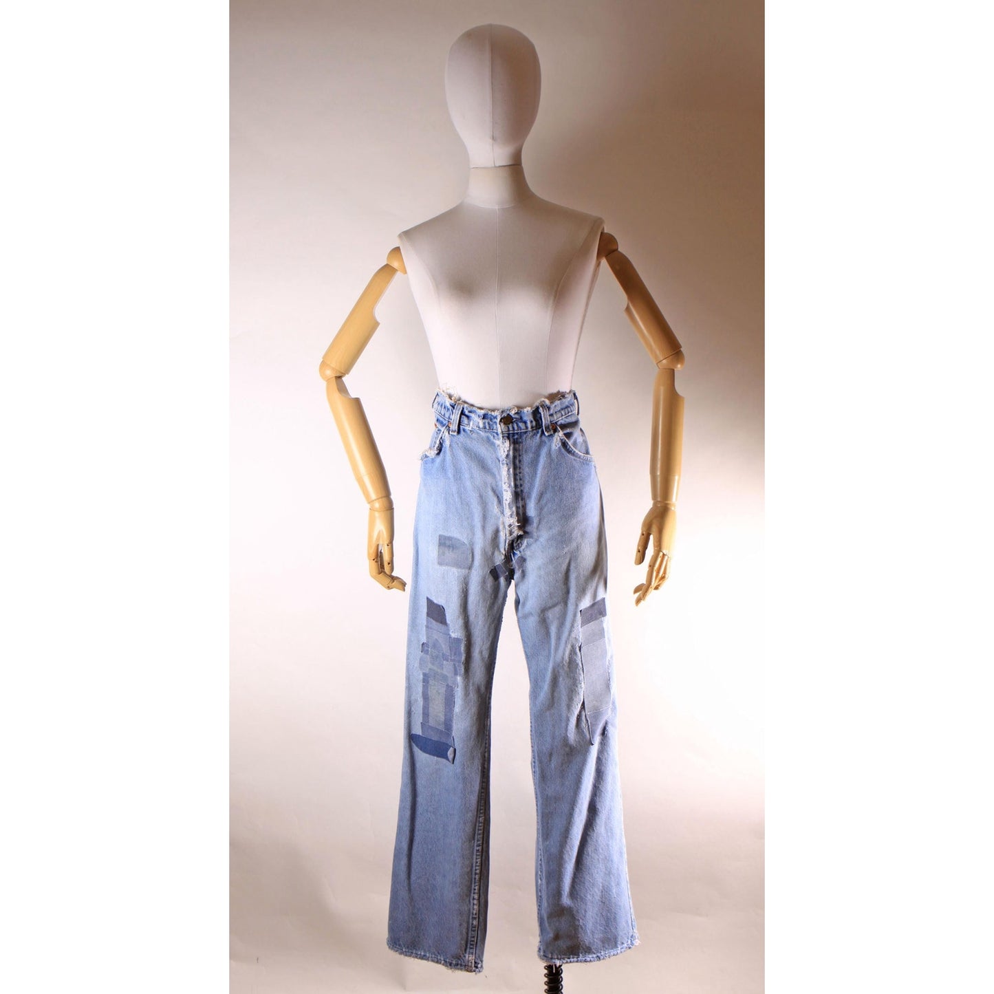 1980s Distressed Patch Fraying Blue Denim Orange Tab 517 Jeans by Levi's -38x30