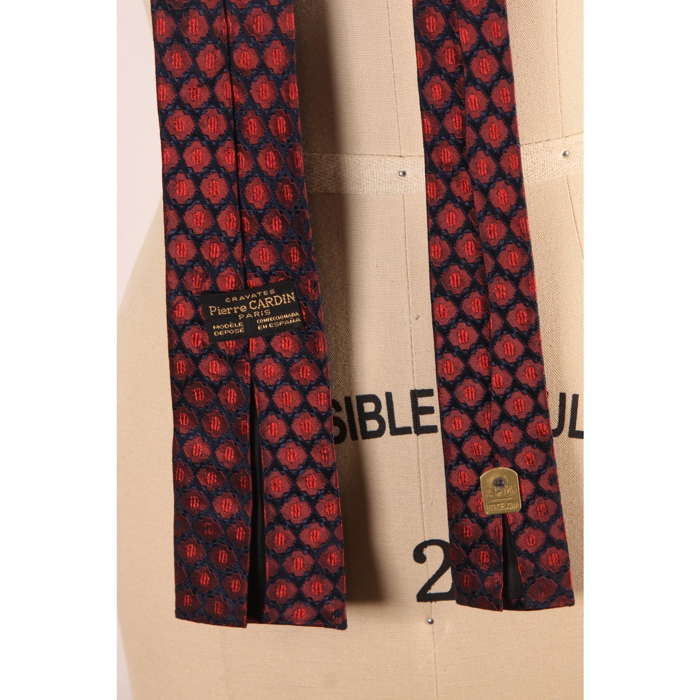 1980s Red and Black Print Square Necktie Tie by Pierre Cardin