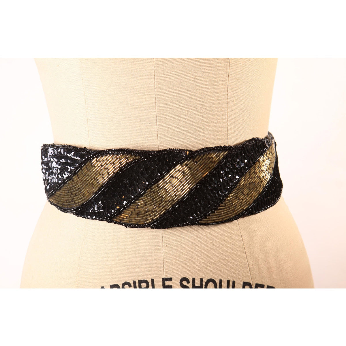 1980s Black and Gold Sequin and Beaded Cummerbund Belt