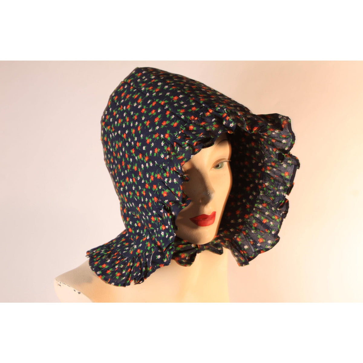 1970s Blue, Red, Yellow and White Floral Calico Prairie Bonnet Hat