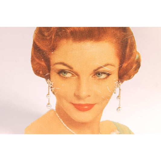 1950s Gold Tone Metal Chain Faux Pearl Dangling Screw Back Earrings