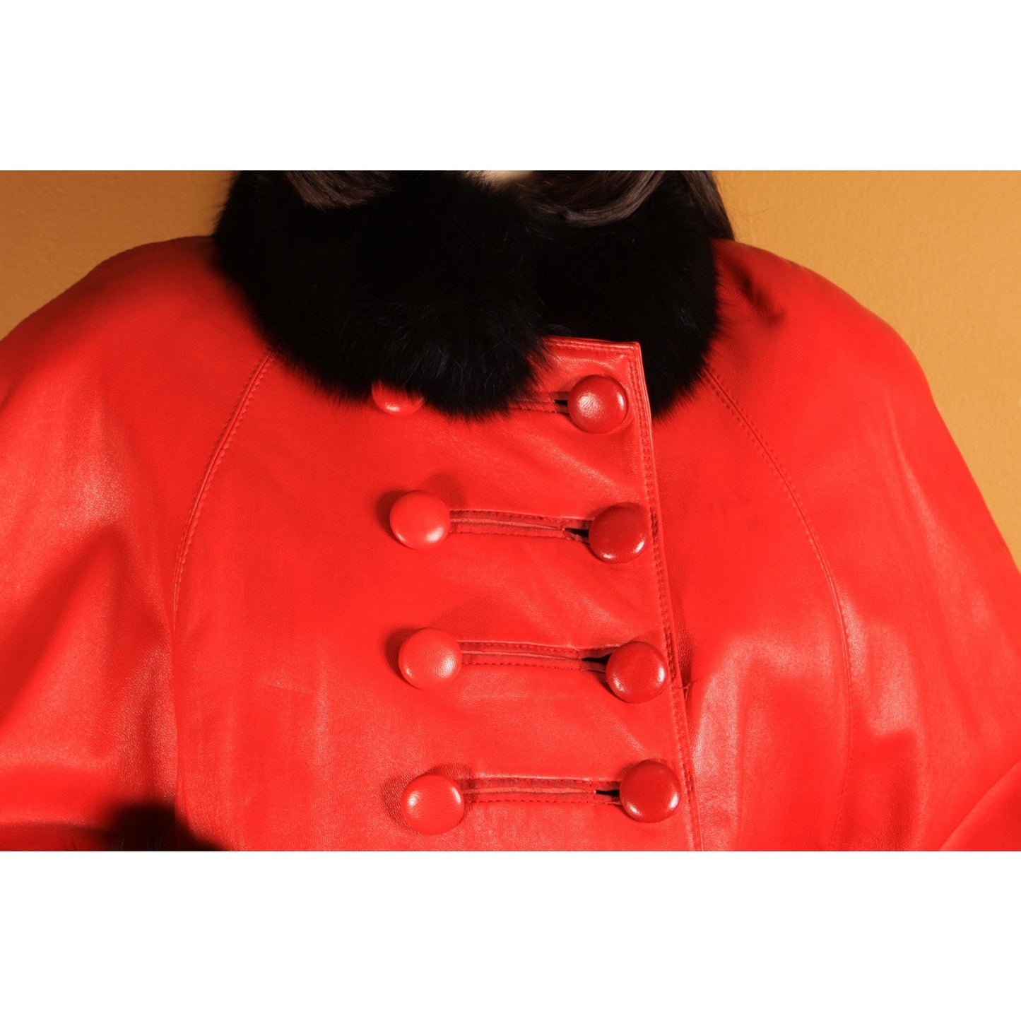 1980s Red Leather and Black Fox Fur Trim Long Sleeve Coat by McDaniel's -XL