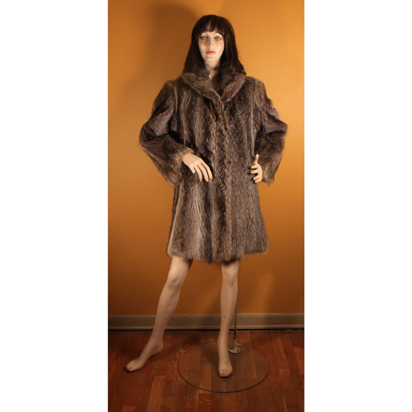1970s Gray and Black Long Sleeve Raccoon Fur Coat -XL