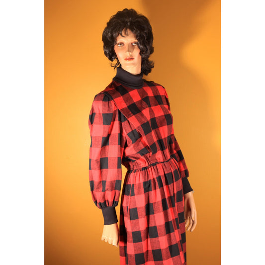 1980s Red and Black Plaid Long Sleeve Winter Dress by Donna Morgan for Non Stop -L-XL