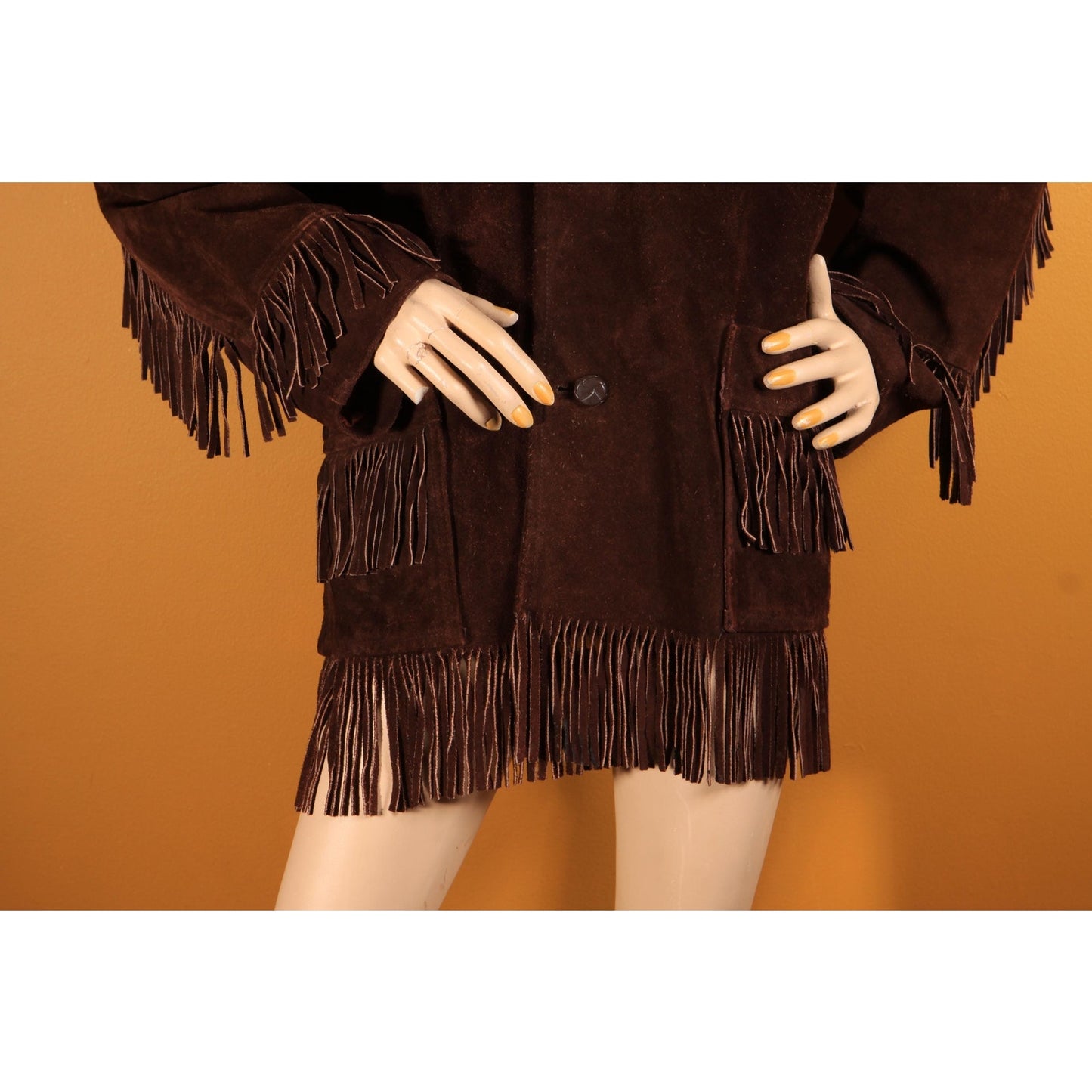 1970s Dark Brown Long Sleeve Fringe Western Suede Leather Mens Coat by Rice Sports Wear -M-L