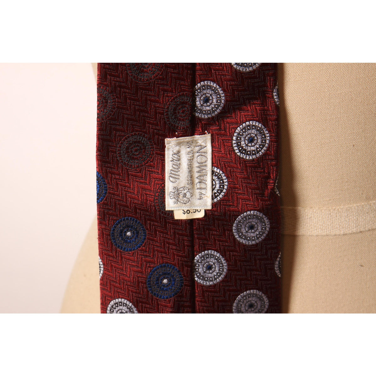 1970s Dark Red, Navy Blue and White Polyester Geometric Circle Wide Necktie Tie by Marx by Damon