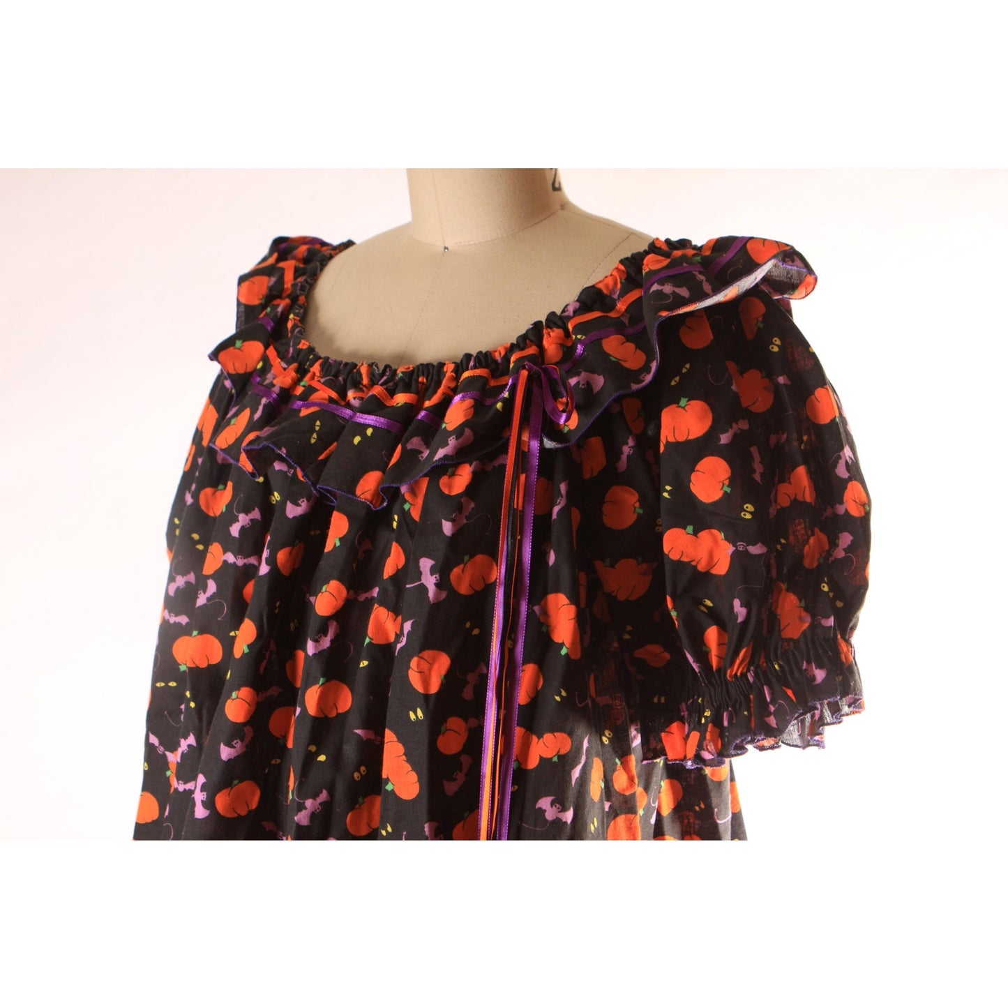 1980s Novelty Halloween Pumpkins and Bats Black, Orange and Purple Short Sleeve Square Dance Blouse