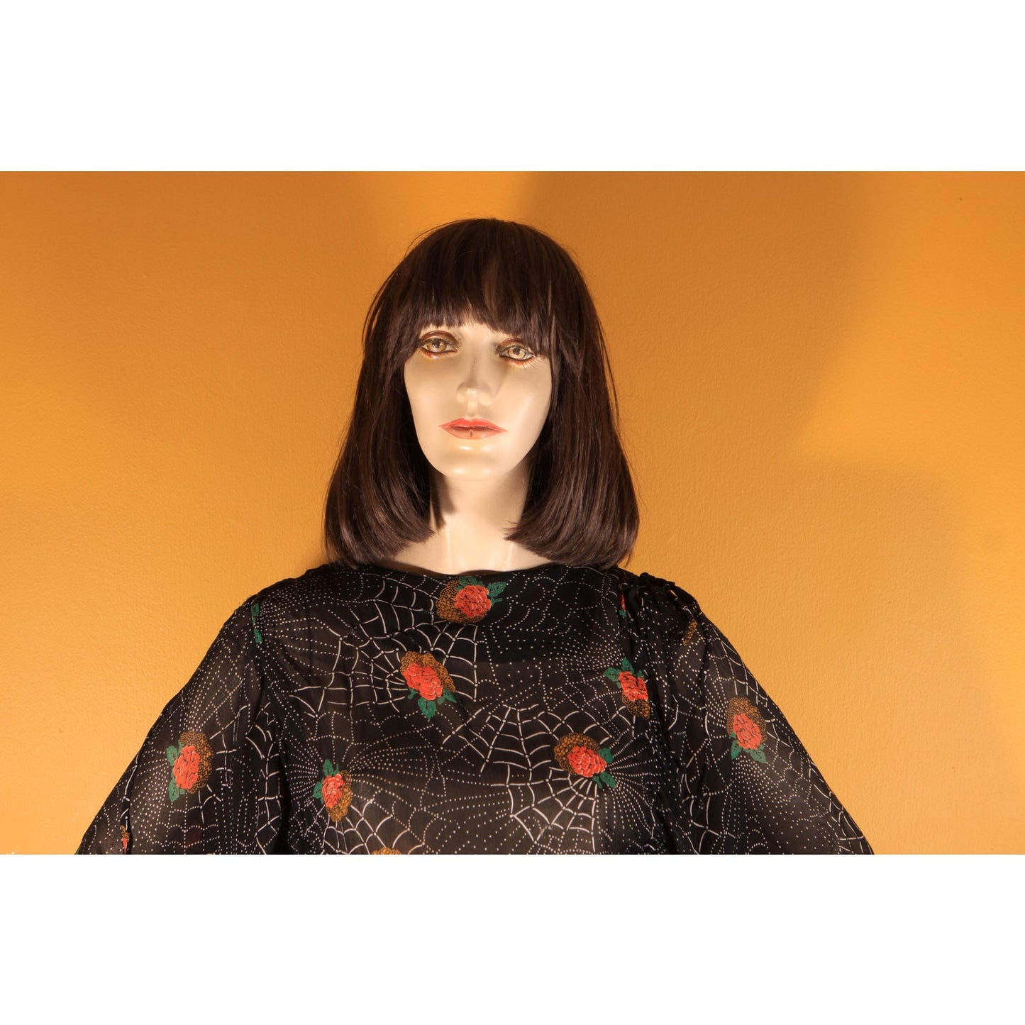 1970s Black, White and Red Novelty Spiderweb and Roses Print Sheer Dress by Saba -S