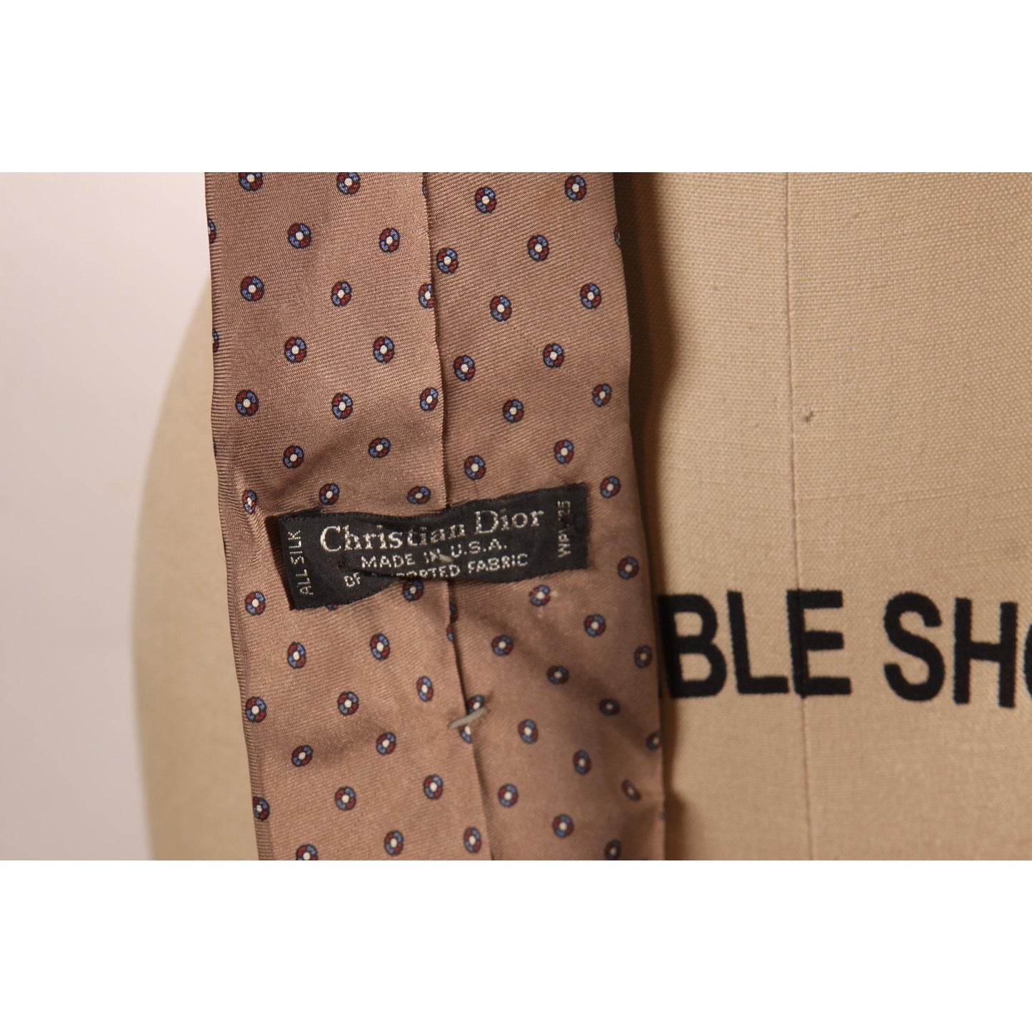 1980s Gray Tan, Blue and Red Circle Necktie Tie by Christian Dior