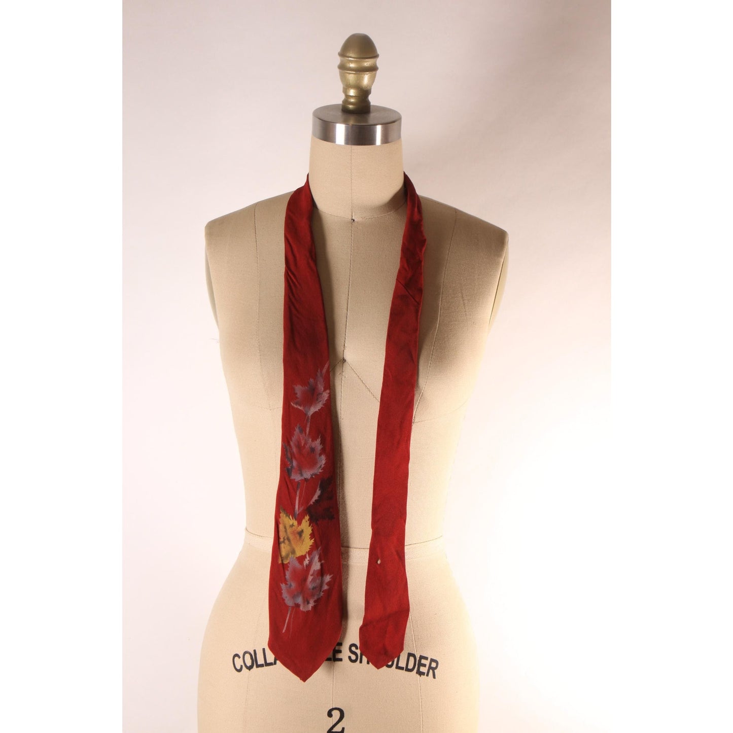 1950s Red, Tan and Gray Hand Painted Leaf Leaves Necktie Tie by Embassy