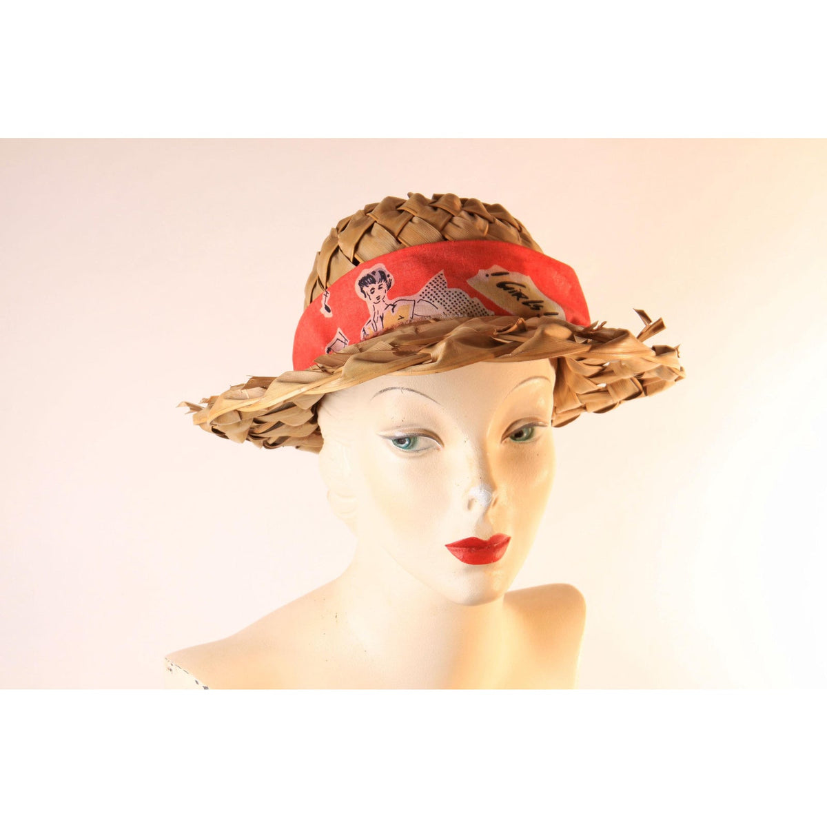 1950s Straw Wicker Woven Novelty Girls Woman Fabric Headband Sun Hat