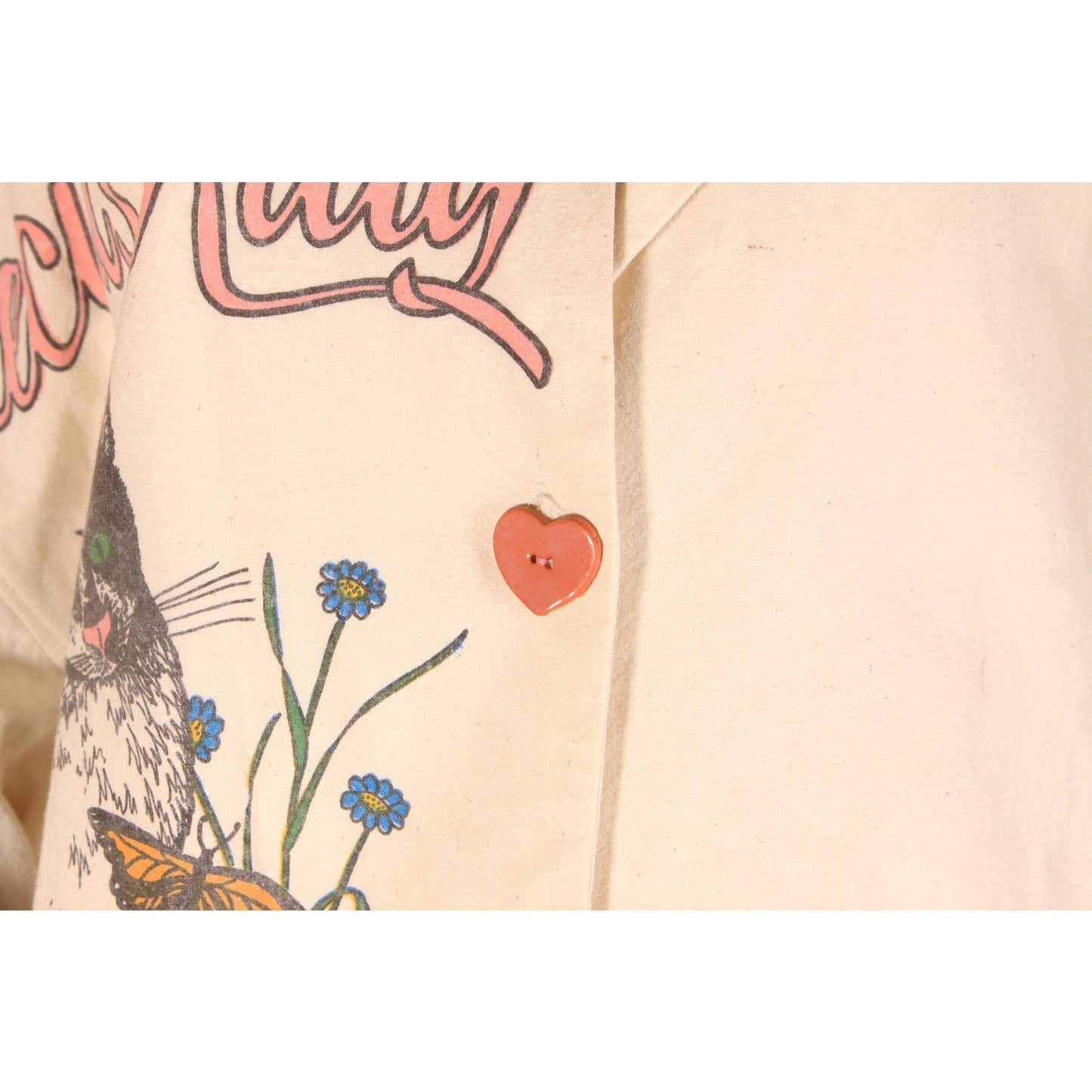 Deadstock 1980s Cream Off White Novelty Precious Kitty Heart Button Down Flour Feed Sack Jacket