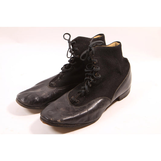Antique 1800s Early 1900s Black Leather and Wool Felt Lace Up Boots