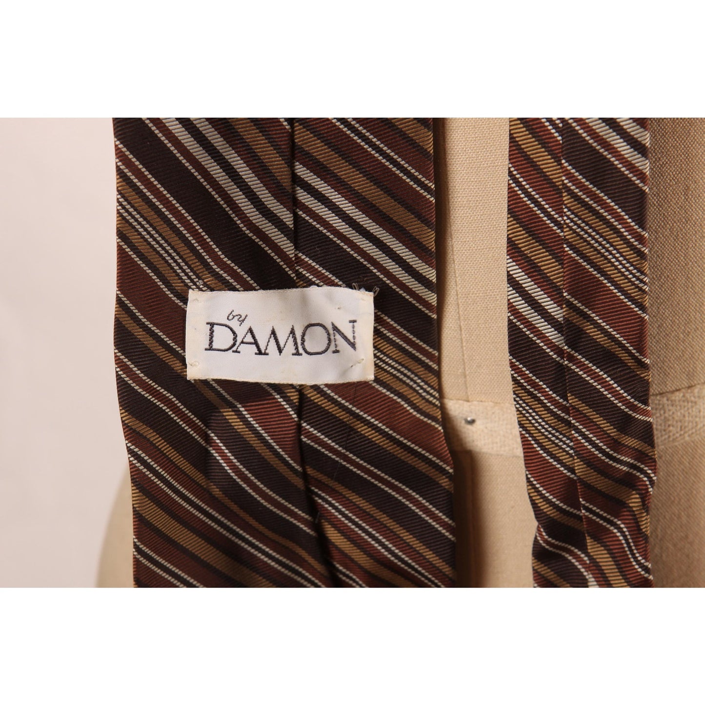 1970s Brown and Tan Dacron Polyester and Silk Striped Wide Necktie Tie by Damon