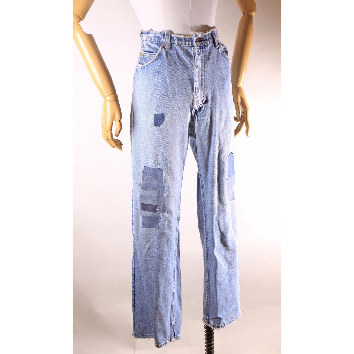 1980s Distressed Patch Fraying Blue Denim Orange Tab 517 Jeans by Levi's -38x30