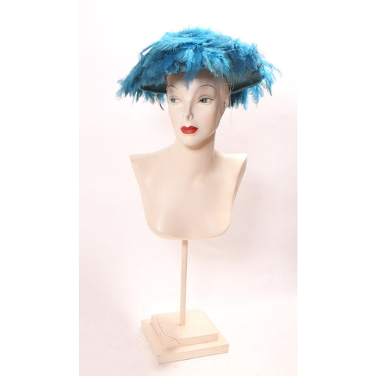 1960s Turquoise Blue Feather Saucer Mod Wide Brim Hat by Marche