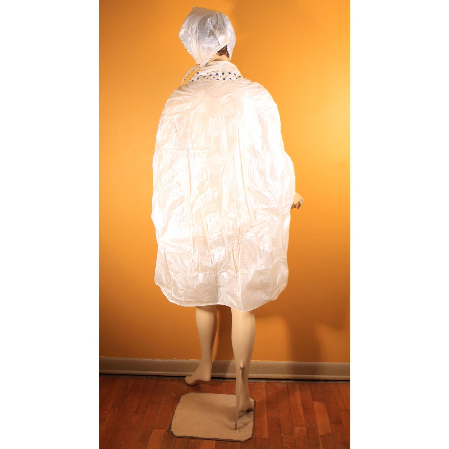 Deadstock 1960s Opaque White and Blue Polka Dot Trim Floral Textured Vinyl Raincoat Cape and Matching Rain Bonnet